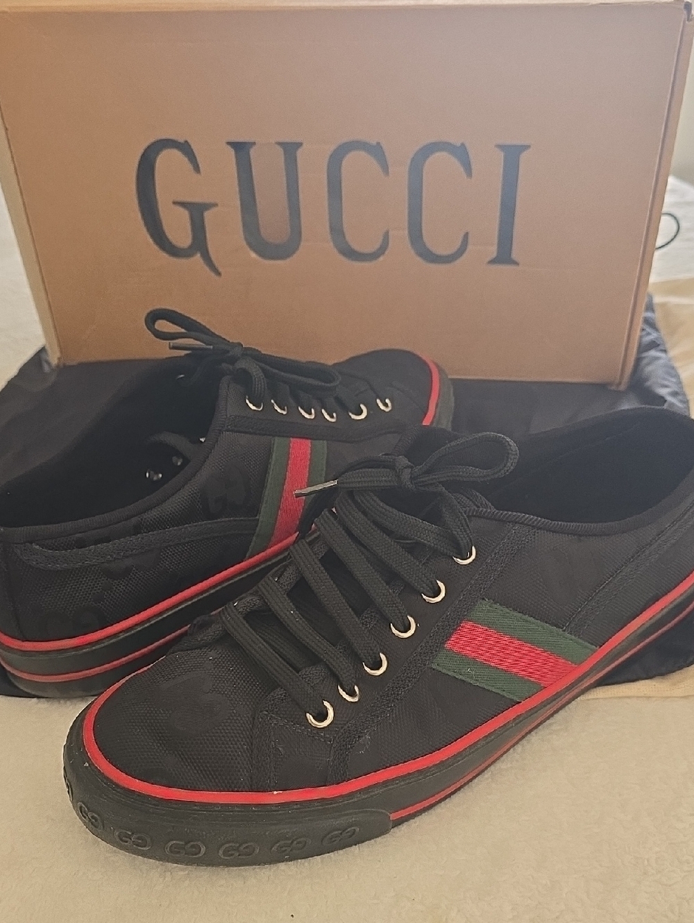 Gucci Men’s Black Canvas Low-Top Sneakers with Red & Green Web Stripe